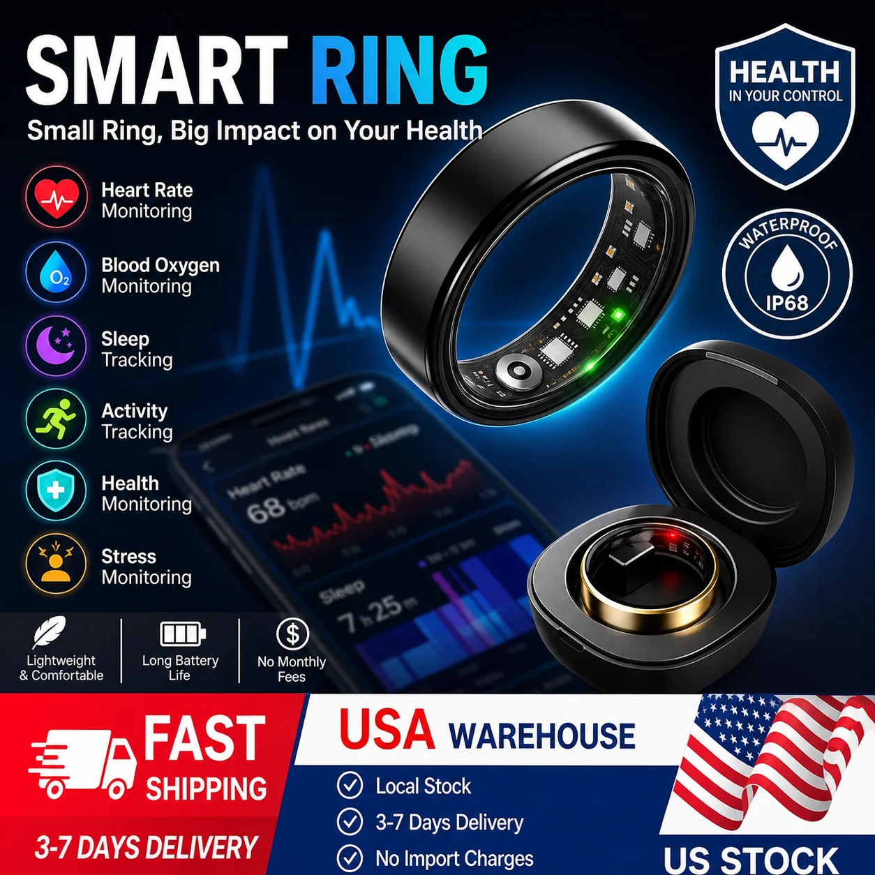 Smart ring with charging case sleep/Heath monitor 5Atm waterproof GPS tracking control photos smartring 100+sports modes for men women