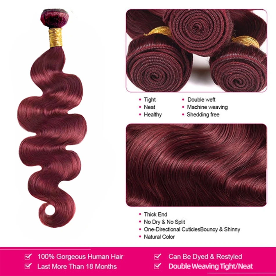 Burgundy #99j Body Wave 2/3 Bundles With Frontal Brazilian Human Hair Red Bundles With 13X4 Lace Frontal Closure Hair Extensions