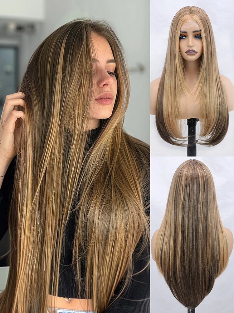 

Прямой синтетический парик с градиентом цвета медового золота, парик с прозрачной HD-основой 13x4, без клея, подходит для женщин.