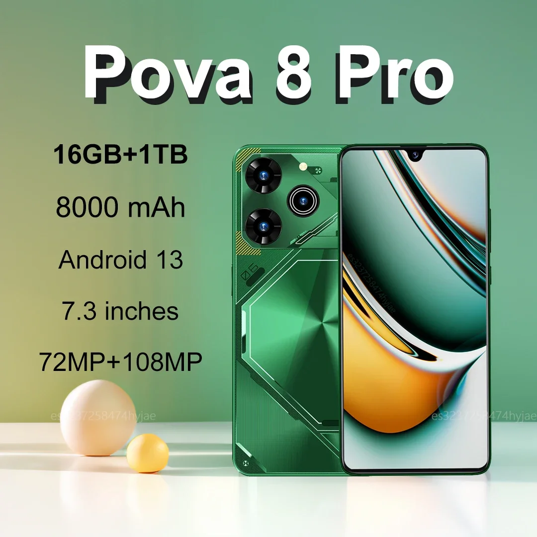 Nouveau Smartphone Pova 8 Pro version mondiale 16GB + 1TB 7.3 ''HD + Android 13 Snapdeagon8 Gen2 8000mAh 5G t�l�phone double SIM 72MP + 108MP NFC