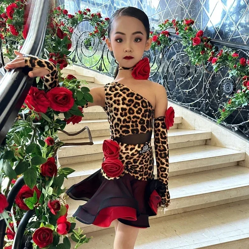 Sukienka do tańca latynoskiego Jedno ramię Leopard Sukienka do tańca latynoskiego Dziewczęca profesjonalna sukienka do tańca latynoskiego Salsa Wear — zdjęcie 2
