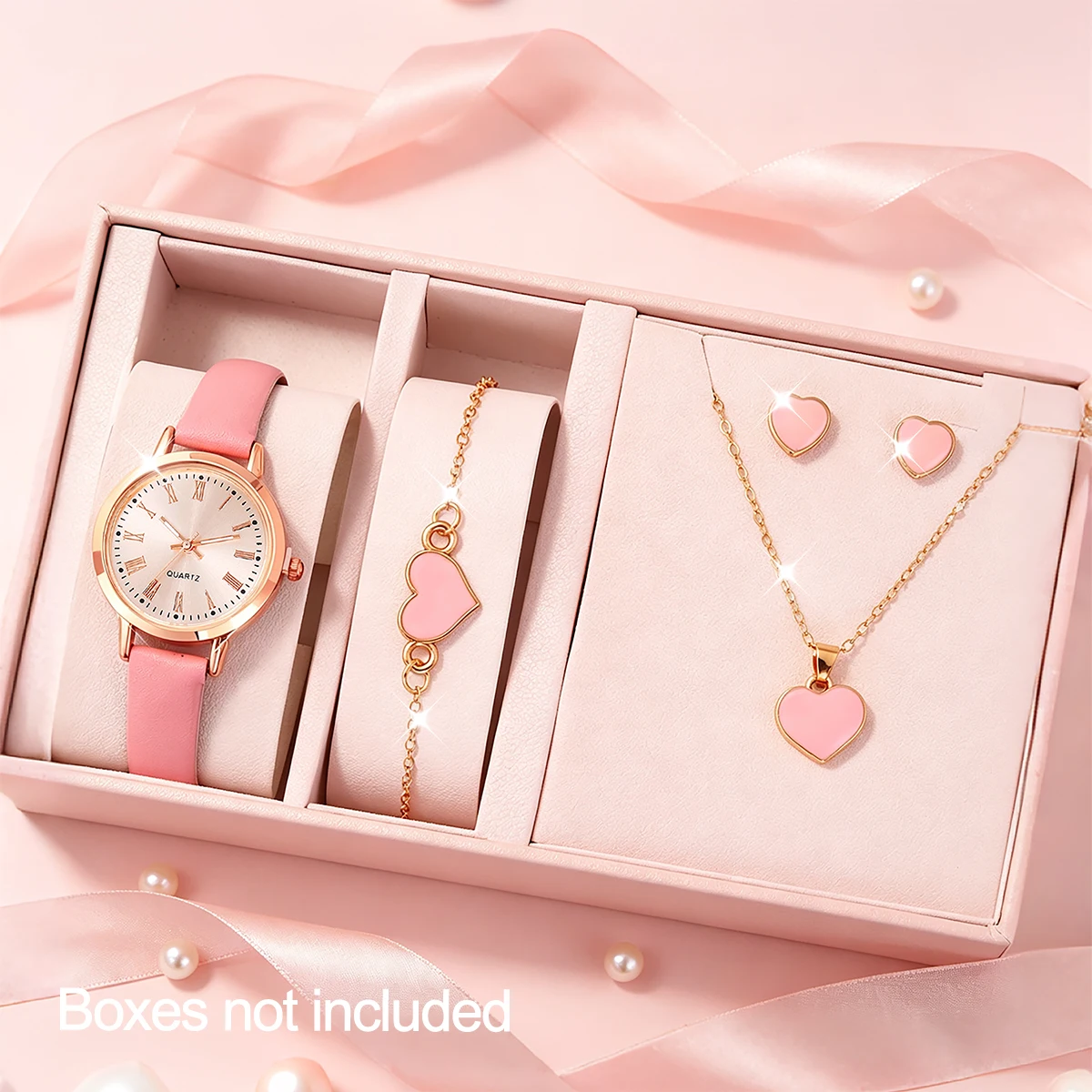5-Piece Set of New Cute Pink Children's Watches with Heart-Shaped Pattern Decorations, Suitable for Daily Wear, Exquisite Birthday Gifts, and the Perfect Gift for Children