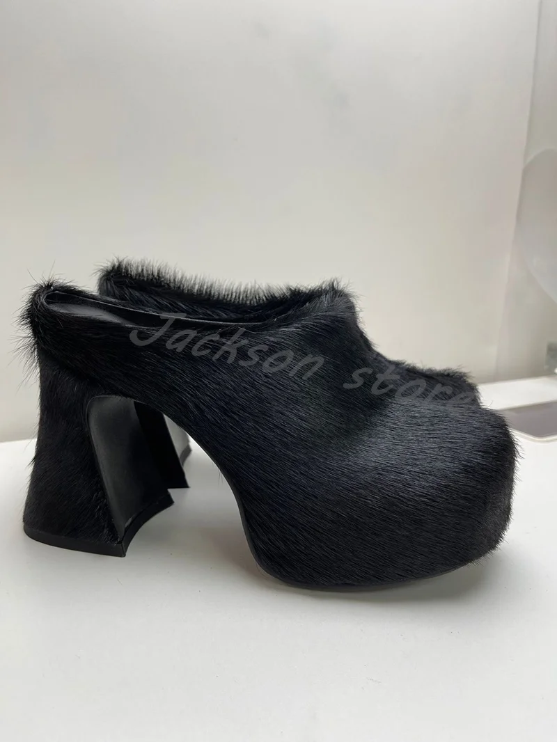 Round Toe Horse Hair Thick Heel Platform Slippers Mules Fashion Thick Sole High Heel Shoes Large Size Summer Women Shoes