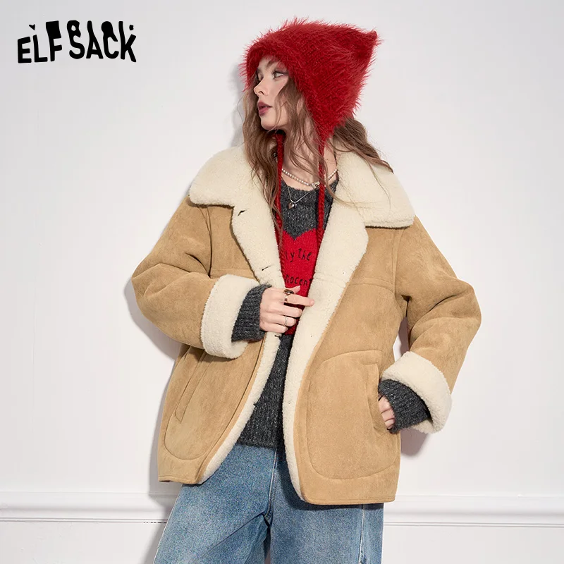 ELFSACK 2024 Winter New Arrivals Suede Plush Thickened Jacket Women Retro Casual Single Breasted Warm Jacket