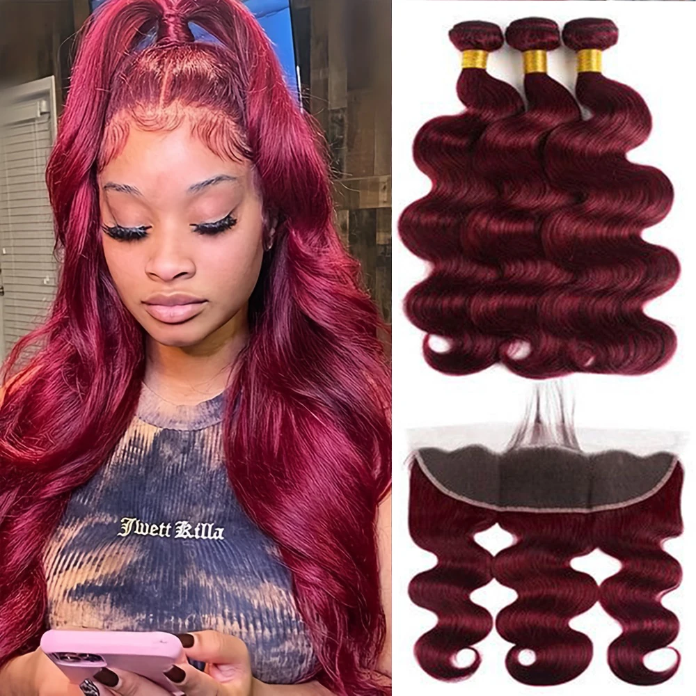 99J Burgundy Human Hair 3 Bundles with 13×4 Lace Frontal Body Wave 99J Burgundy Pre Plucked 4 Bundle with Frontal with Baby Hair