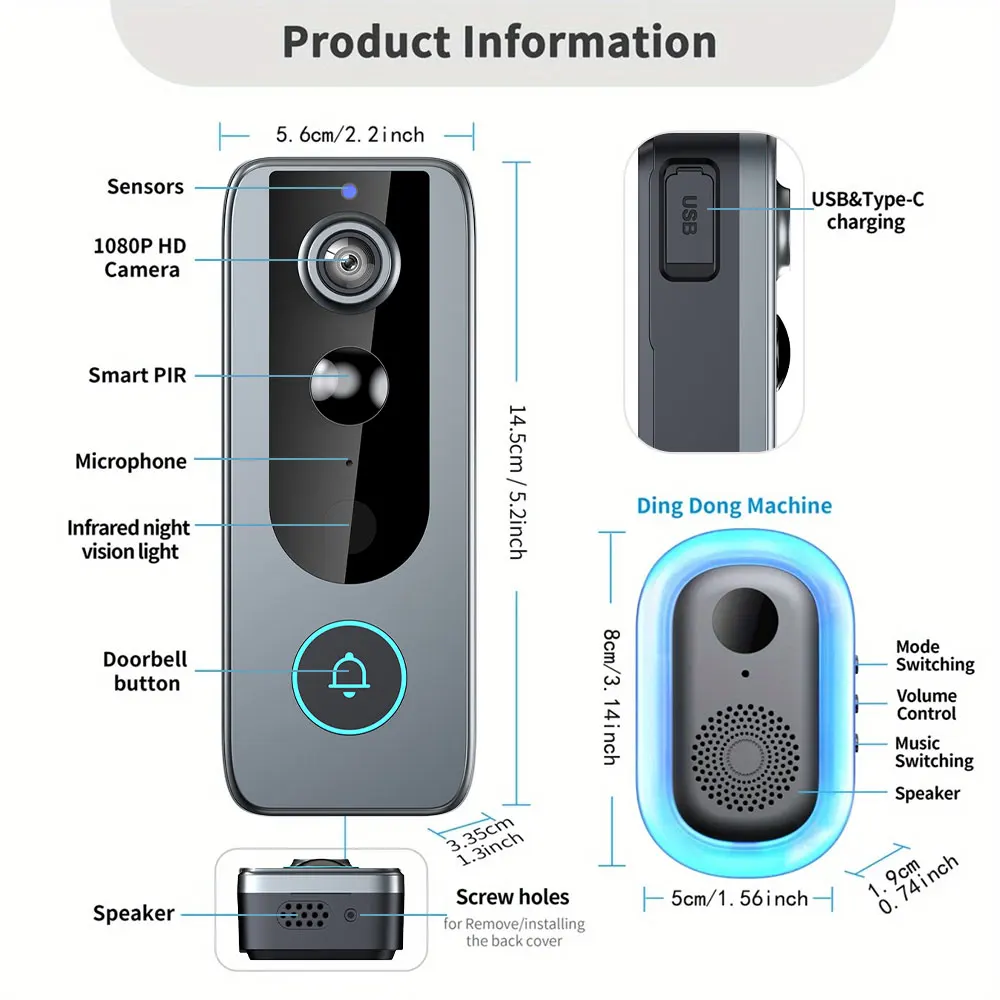 1080P WiFi Video Doorbell Camera Wireless Smart Door Bell IP65 Waterproof 4000mAh Battery Two Way Audio Night Vision Tuya App