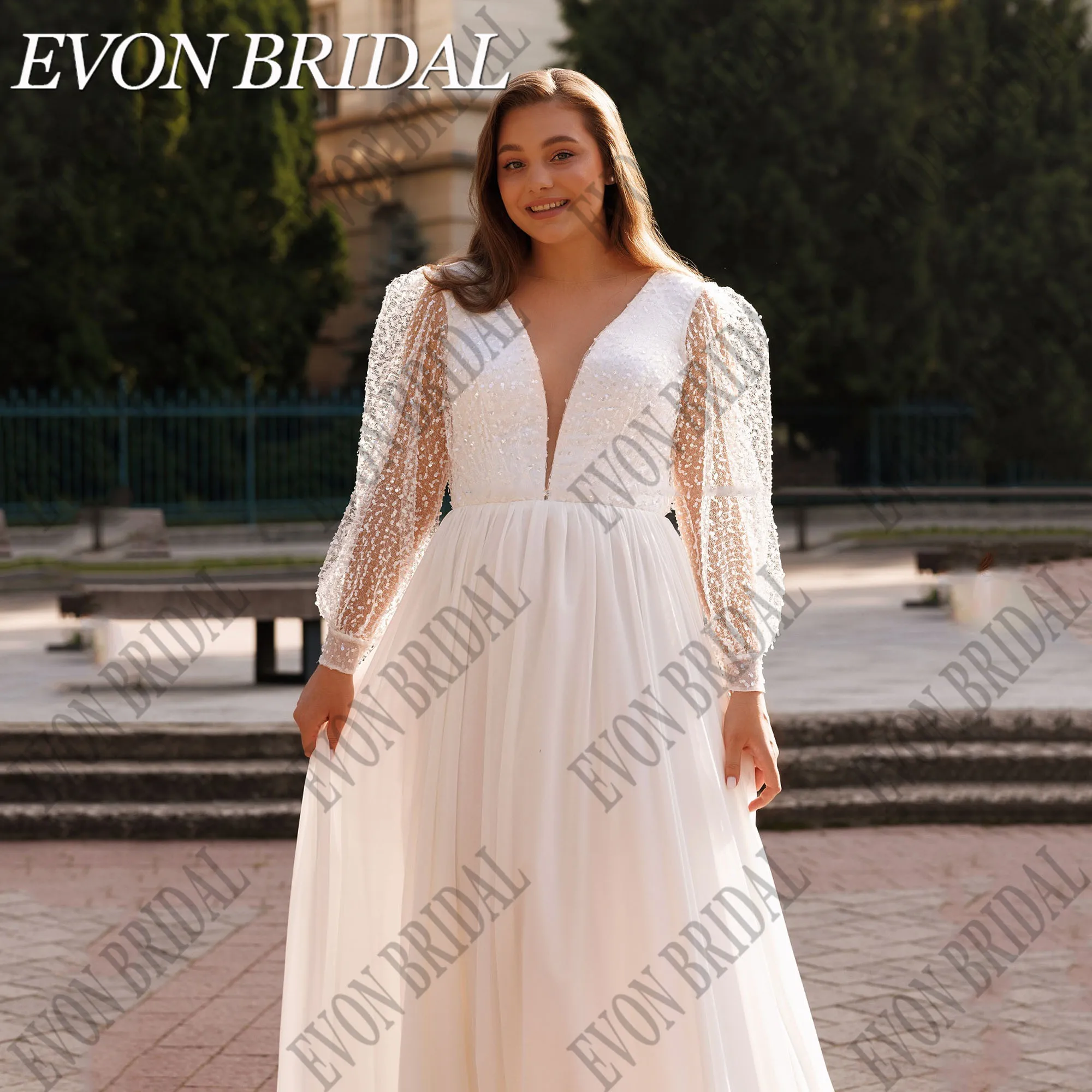 Evon Braut plus Größe Pailletten Brautkleid Puff ärmel rücken frei Chiffon Boho Braut Kleider A-Linie Vestidos de Novia angepasstEVON BRIDAL Plus Größe Pailletten Brautkleid Puff Ärmel Rückenlos Chiffon Boho Brautkleid