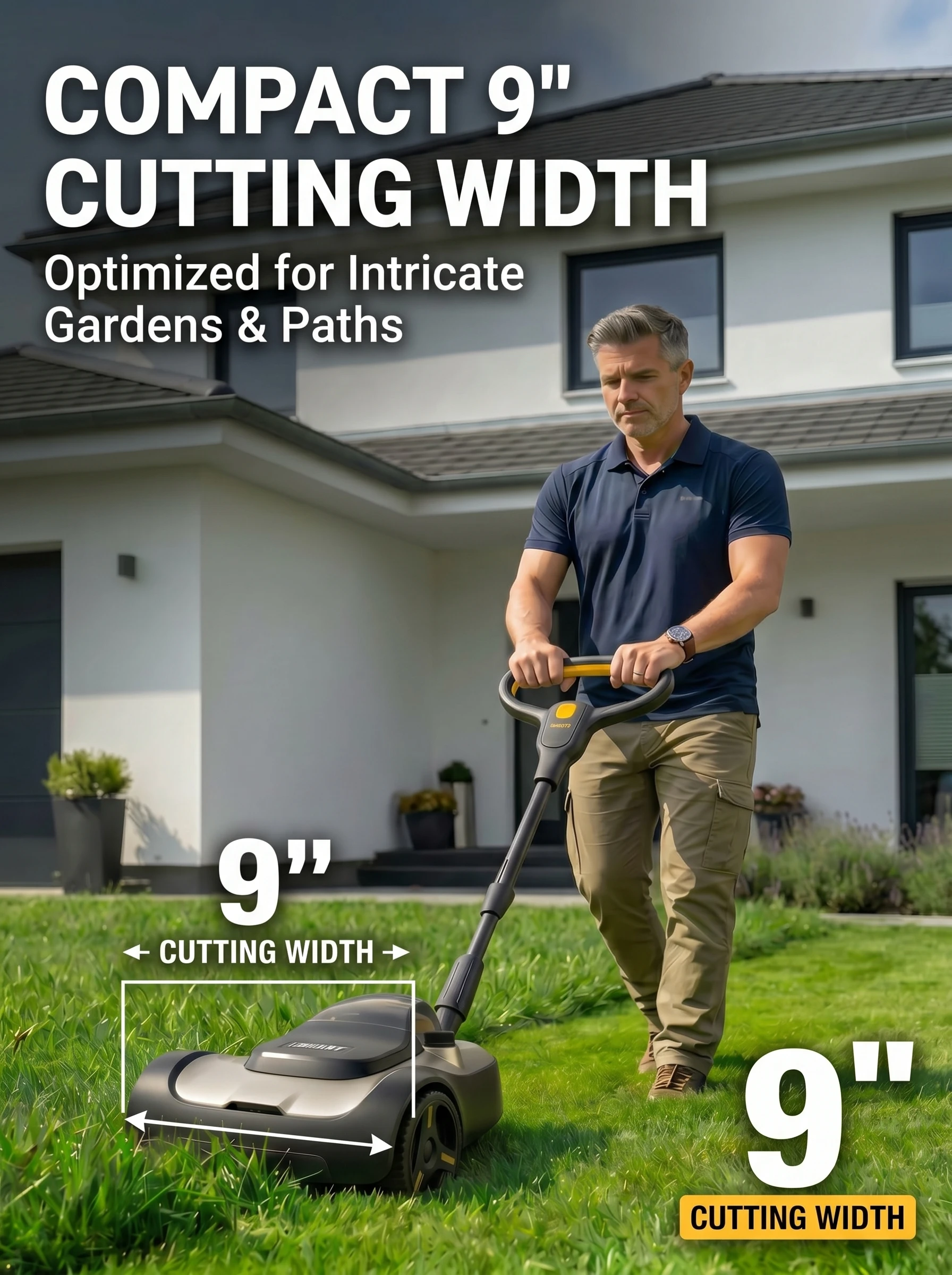 20V 9-Inch Cordless Lawn Mower with 4.0Ah Battery & Charger, 3-Height Adjustable, Lightweight & Compact,Brushless Electric Mower for Small Yards