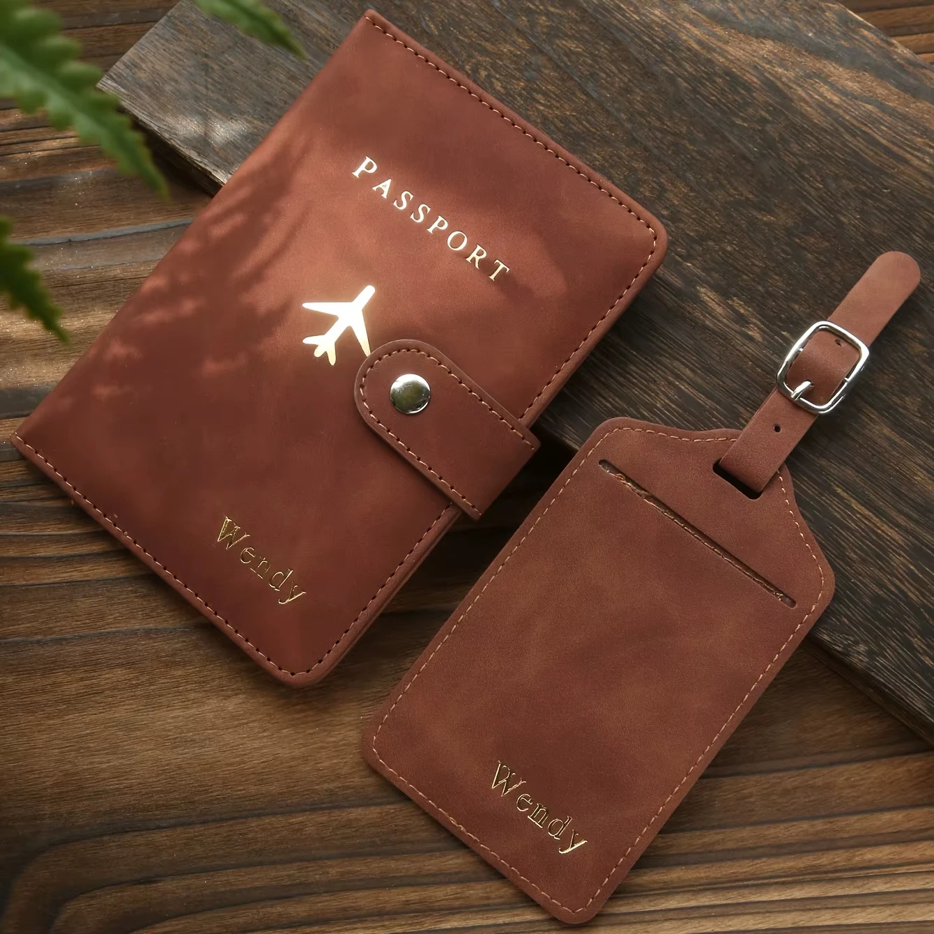 Custom Hot Stamped Gold Monogram Passport Cover & Luggage Tag Set, Textured PU Leather Personalized with Custom Names for Travel - view 6