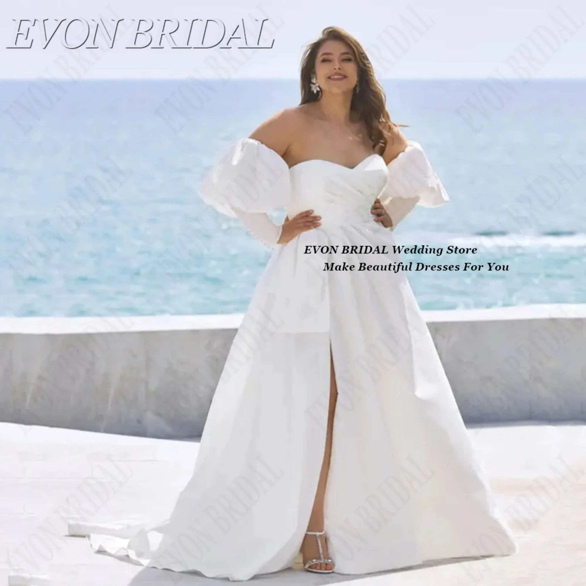 

Lantern Sleeve Plus Size Wedding Dress Split Vestidos De Novias De Boda 2025 Wedding Reception Dress EVON BRIDAL Customized