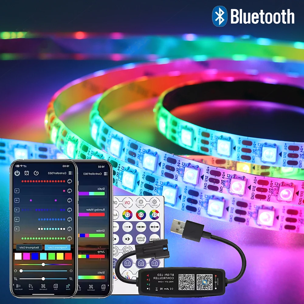 

WS2812B LED Strip 5V 12V USB Bluetooth Music Controller Kit Individually Addressable RGB LED Strip 30/60/74/96/144Leds/m DC5V