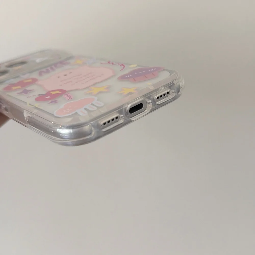 New Kawaii Pink Cartoon Sticker Transparent Phone Case for iPhone 17 16 Pro 15 16 17 Pro Max 15Pro Fashion Girly Protective Case