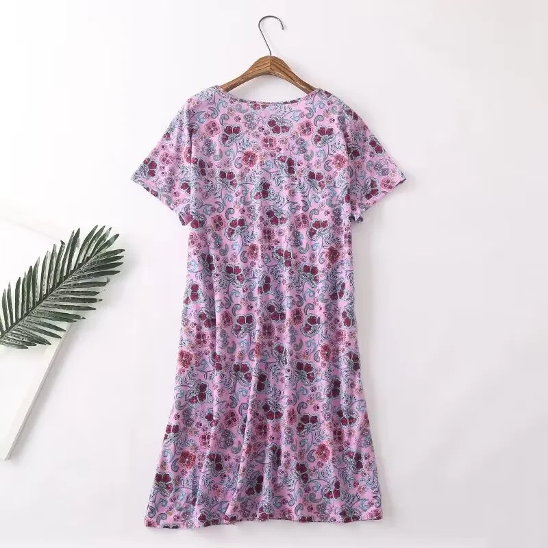 2024 Summer Female Casual Flower Print Sleep Dress Ladies Knit Cotton Nightgown Women Short Sleeve Plus Size Home Dresses M-XXXL