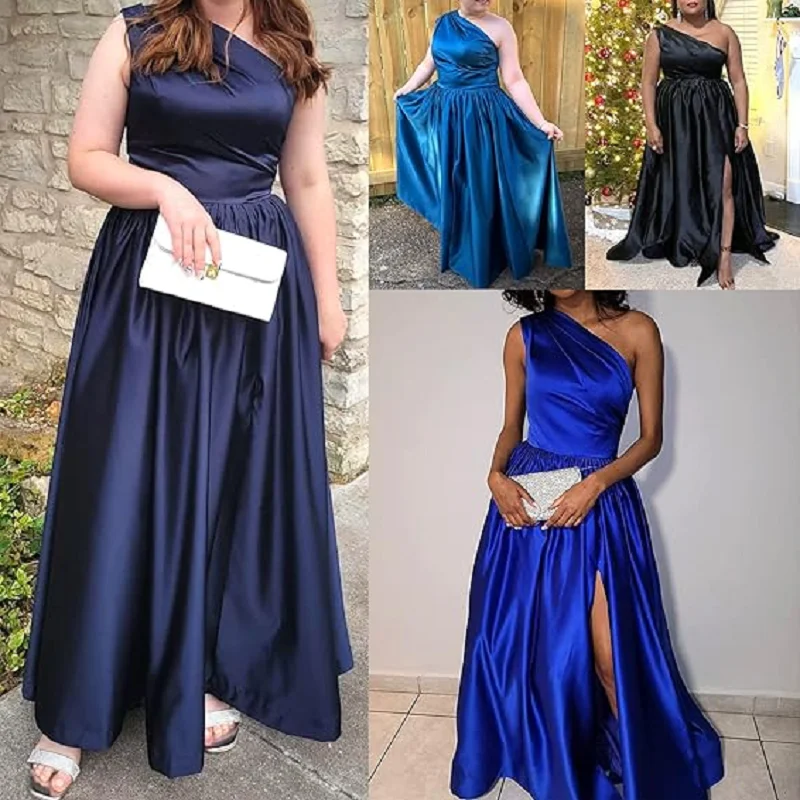 Women\'s One Shoulder Satin Prom Dresses Floor Length High Slit Pleated Evening Dress with Pockets Formal Evening Gowns