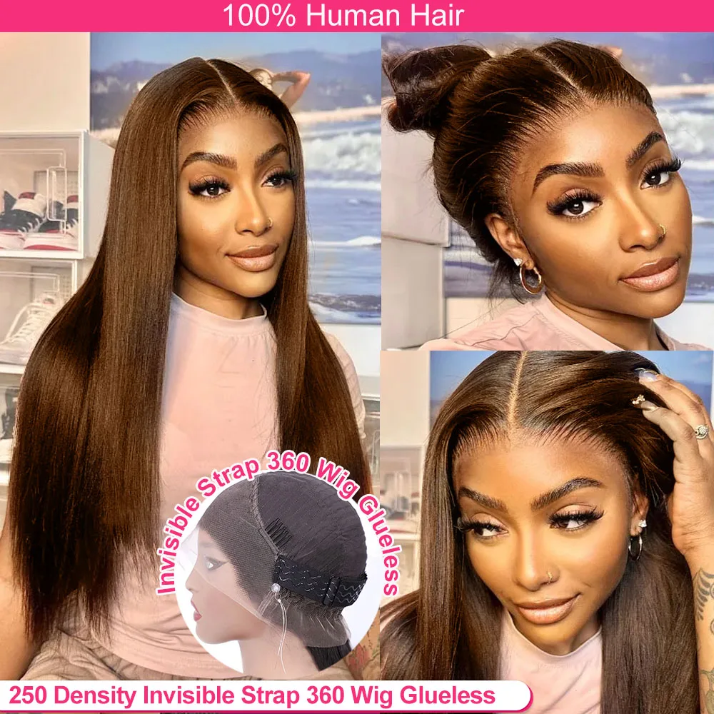 250 Density Invisi Strap 360 HD Full Lace Glueless Wig Chocolate Brown Straight Lace Front Wig 30 Inch Frontal Wig Human Hair