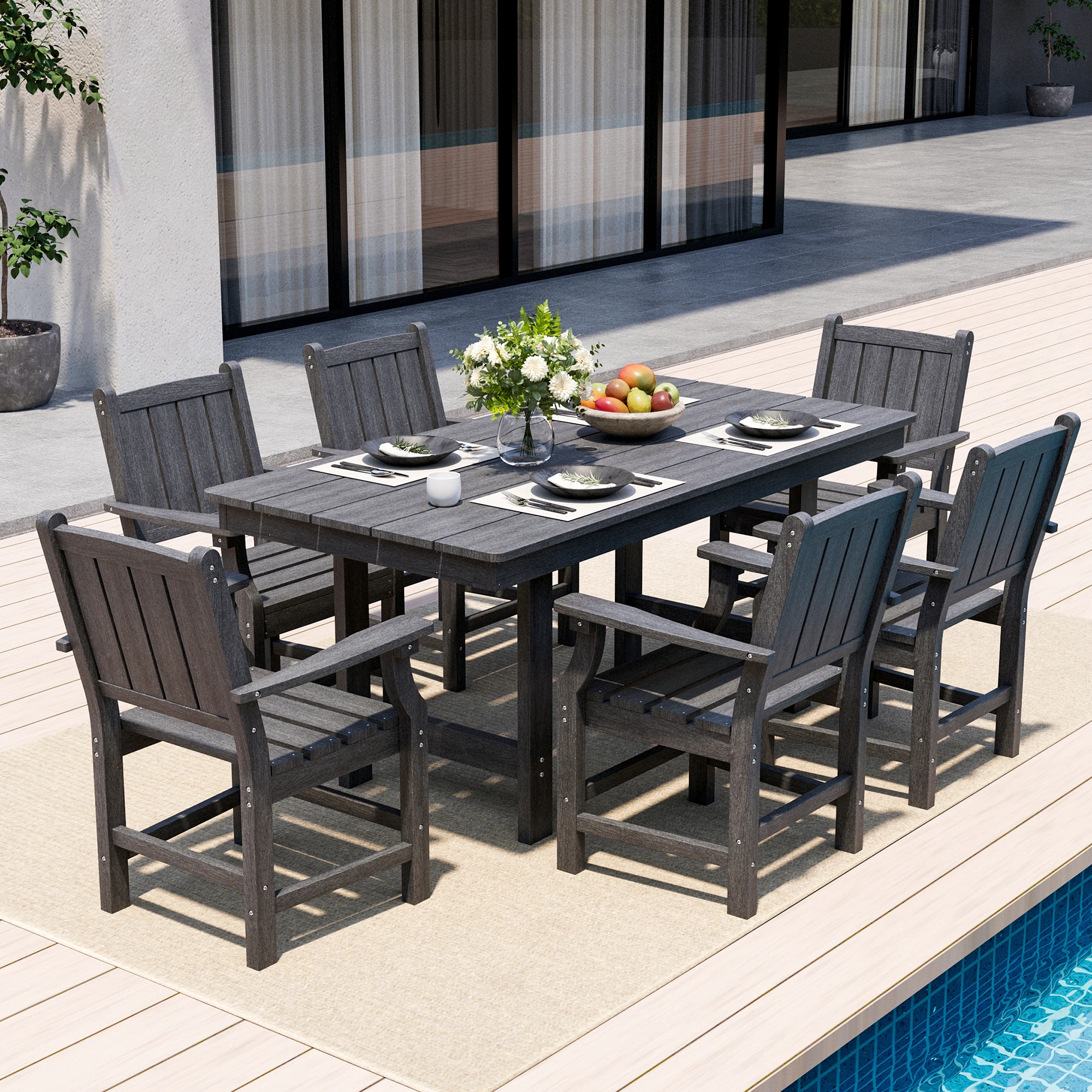 

7 PCS Outdoor Dining Set, 450 LBS HDPE Outdoor Table and Chairs, Oversized Patio Dining Sets with Elegant Armrest, All-Weather W