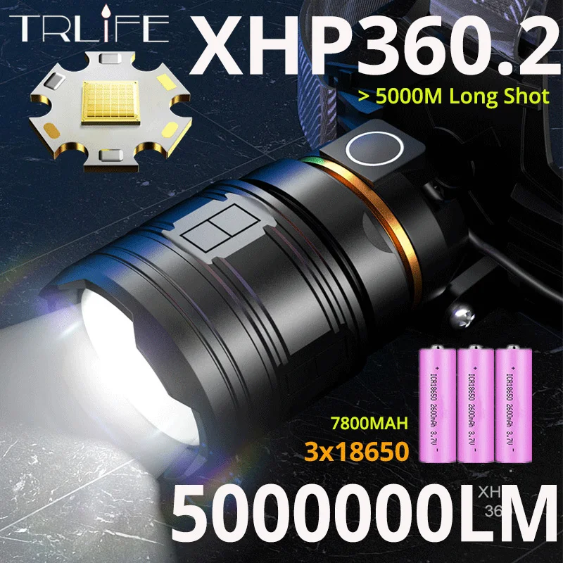 990000000LM Super Power XHP360.2 36-core LED Headlamp USB Zoom Lantern 7KM Long Shot Head Light for Night Fishing Riding Camping