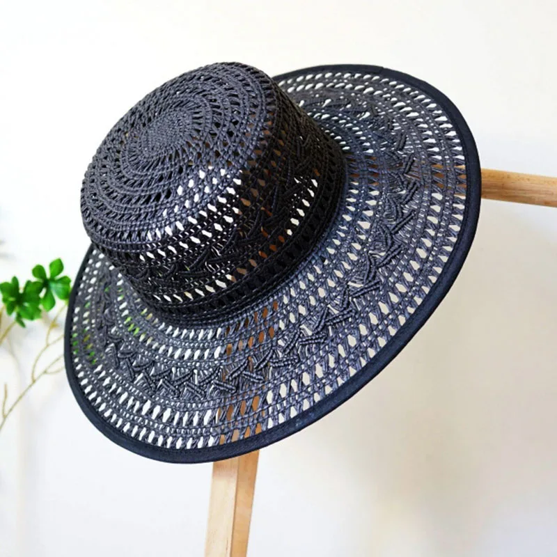 Handmade Black Flower Fedora Hats for Women Straw Hat Beach Summer Hat Wide Brim Boater Hat Pearls Band Ladies Wedding Party Hat