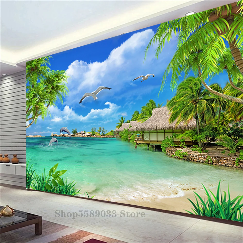 

Clear Sky Seaside Resort Panoramic Wall Mural Large Size Custom Decorative Wallpaper Corridor Sofa Background TV Backdrop Home