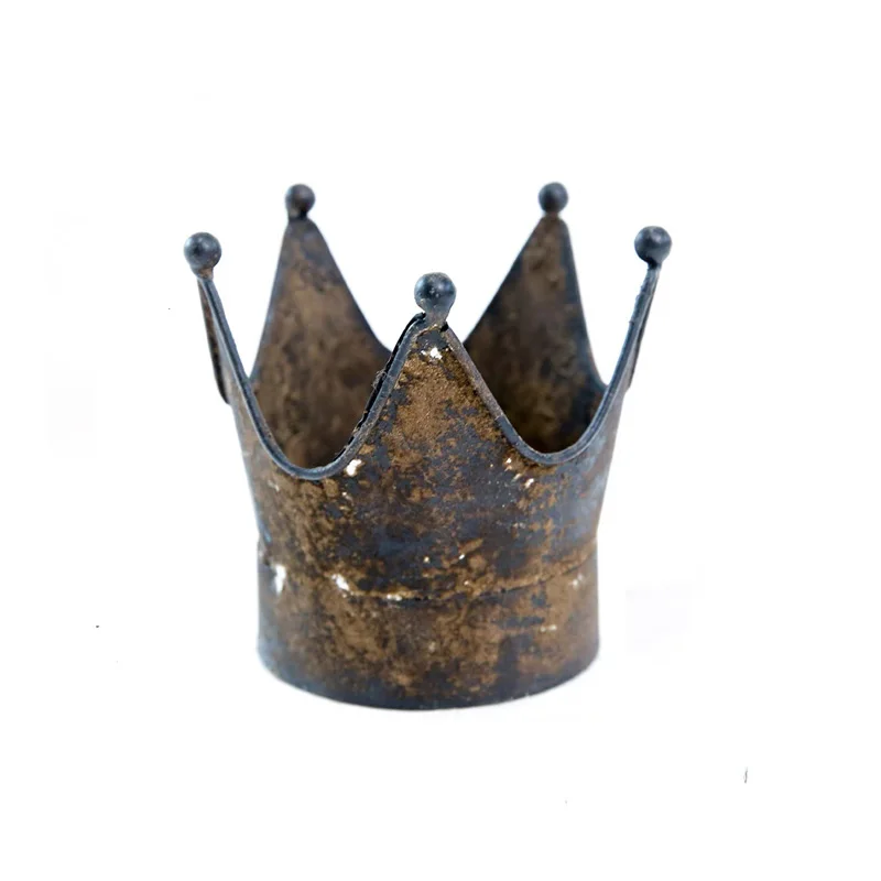 Vintage Metal Crown Candle Holder, Distressed Iron Rustic Farmhouse Tabletop Decor, Small Decorative Accent