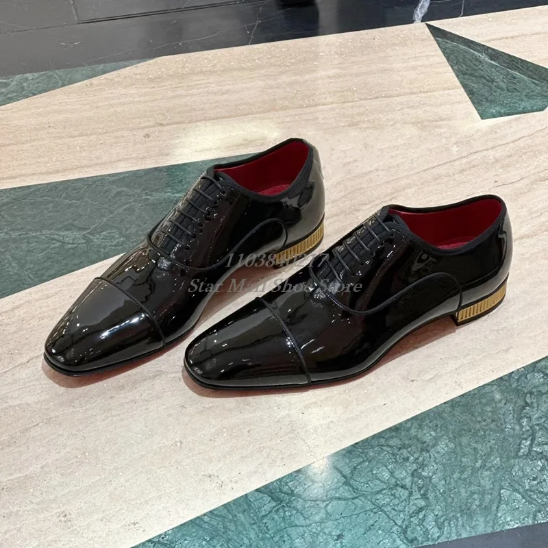 Black Patent Leather Glossy Pointed-Toe Lace-Up Men's Leather Shoes with Rivet Design On The Heel Formal Business Leather Shoes