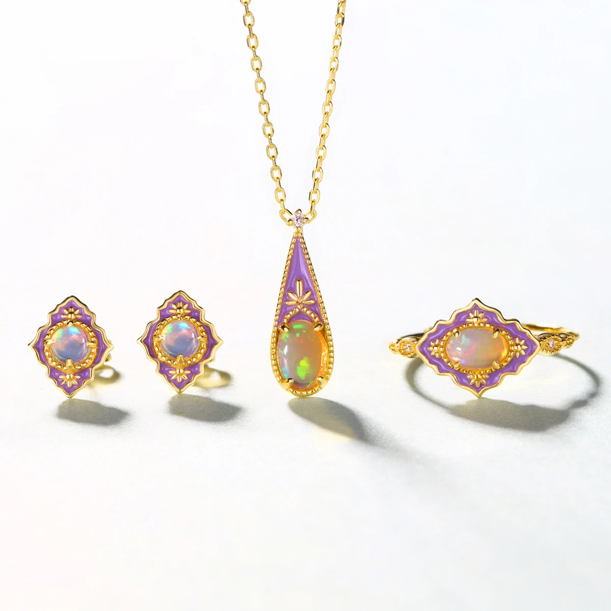 ALLNOEL 925 Sterling Silver Natural Mystic Opal Stud Earrings for Women Geometric Purple Enamel Vintage Gifts Fine Jewelry