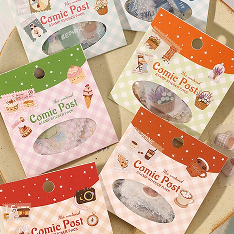 Mr.Paper 30Pcs/Pack Her Weekend Comic Post Series Stamp Sticker Pack Vintage Postage Stamp Decor for Journal Scrapbook DIY Cards