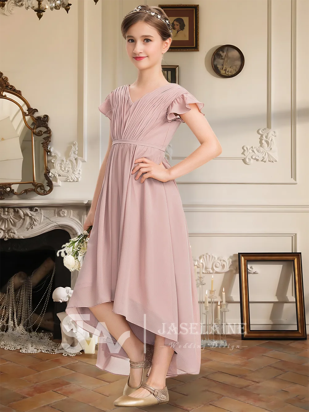 

A Elegant Chiffon Junior Bridesmaid Dress With V-Neck Asymmetrical Hem Bow Cascading Ruffles For Flower Girl Dress Wedding Party