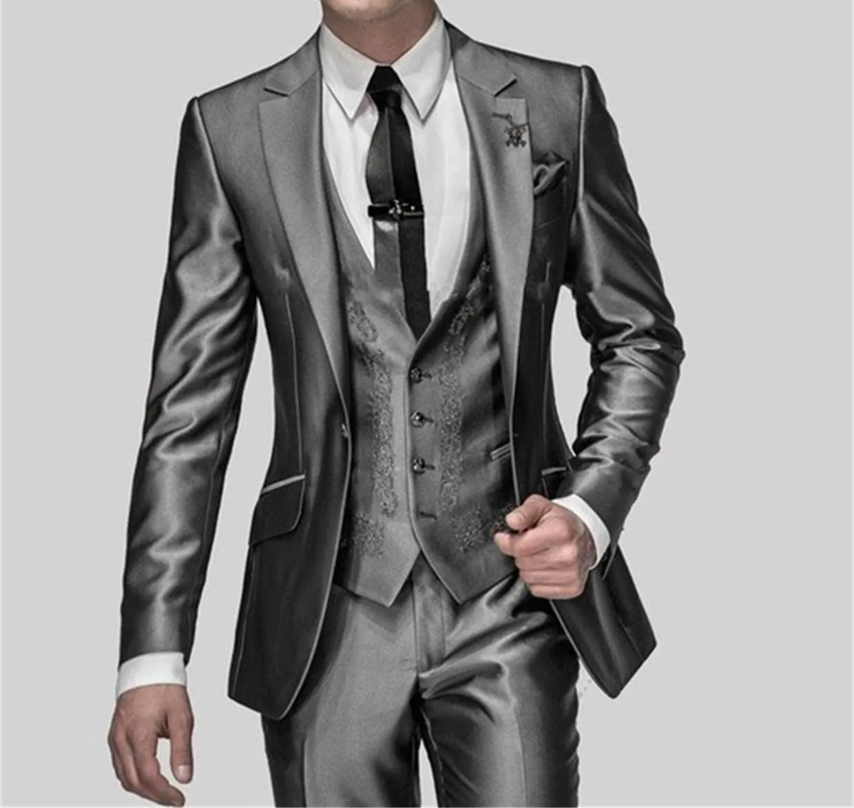 Brilhante cinza masculino ternos com bordados padrinhos noivo smoking casamento melhor blazer define 3 peças (jaqueta + calças + colete) traje homme