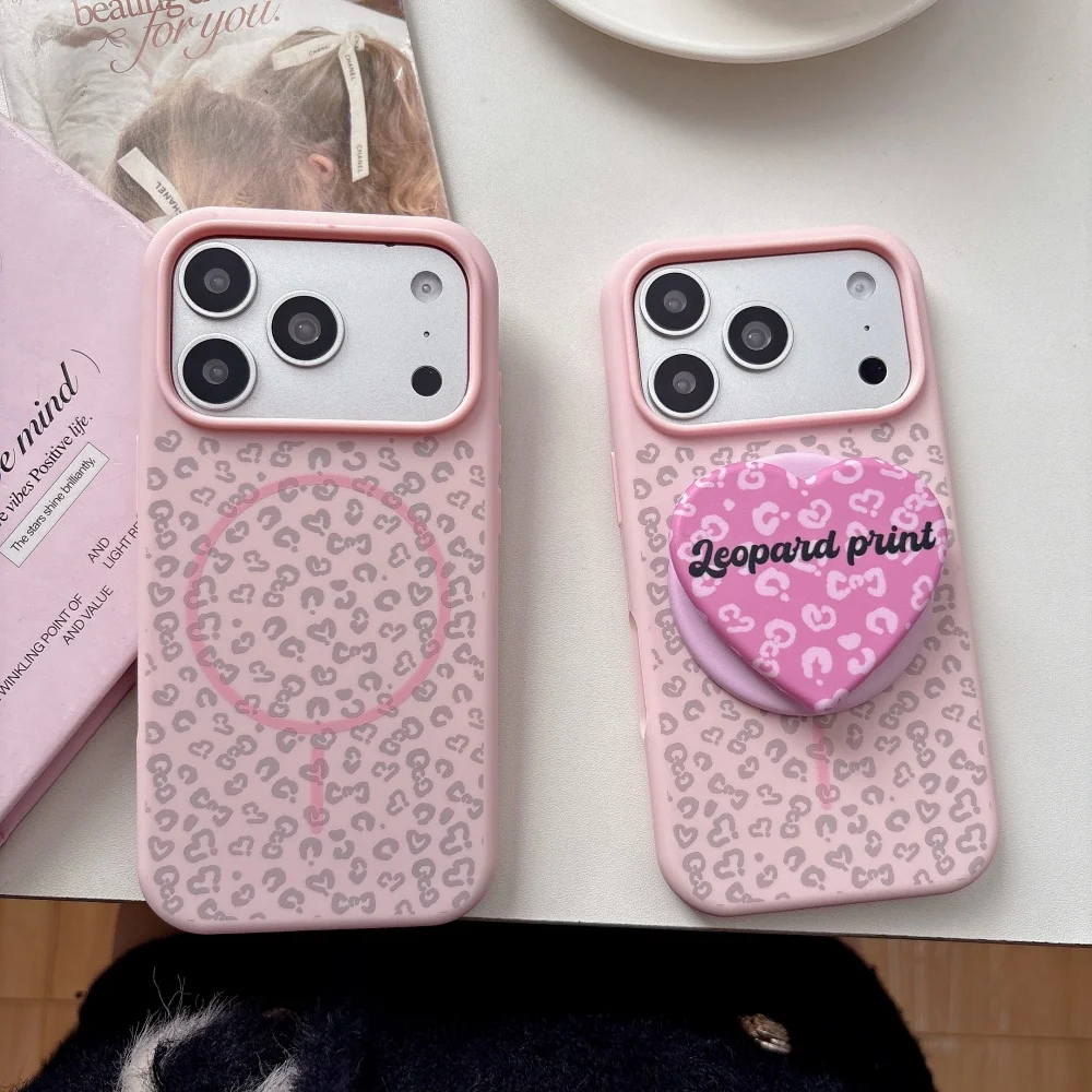 

Fashion pink leopard print love English for magnetic holder mobile case, suitable for iPhone 14/15/16/17 ProMax, protective case