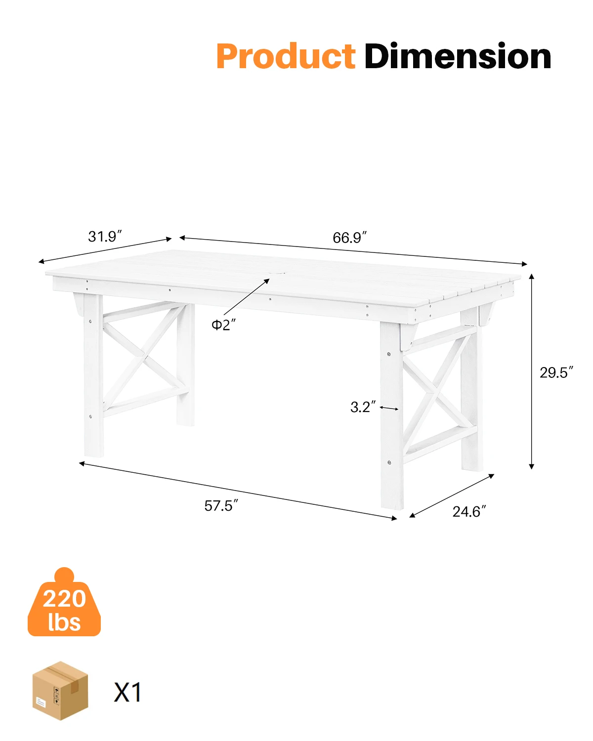 Mesa de comedor para exterior SeeHill Pearl HDPE, mesa rectangular para patio de 66,9 pulgadas para 6, mesa resistente a la intemperie con orificio para sombrilla de 2,2" para jardín