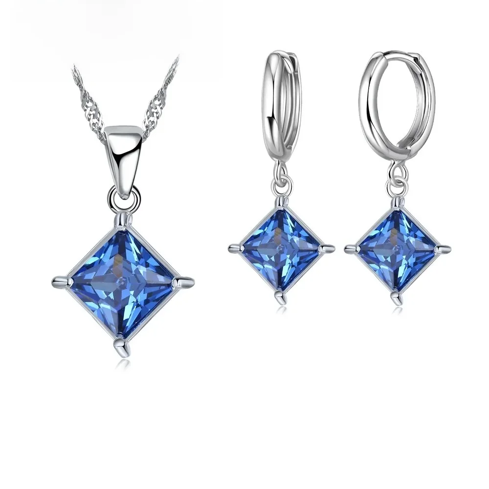 Nowa duża promocja 925 Sterling Silver Shiny Square Zircons Wisiorek Naszyjnik i kolczyki Zestawy biżuterii do sprzedaży hurtowej — zdjęcie 2