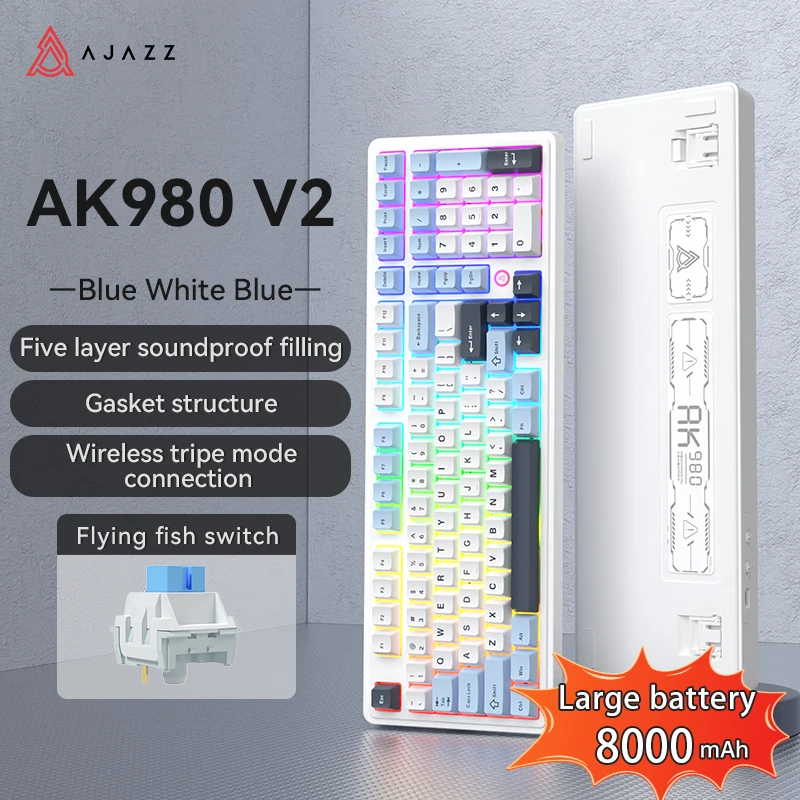 AJAZZ AK980 V2 Draadloos Bluetooth 2.4G Bedraad Tri-Mode-toetsenbord Zwart Grijs Geel TFT-kleurenscherm RGB Mechanisch gamingtoetsenbord