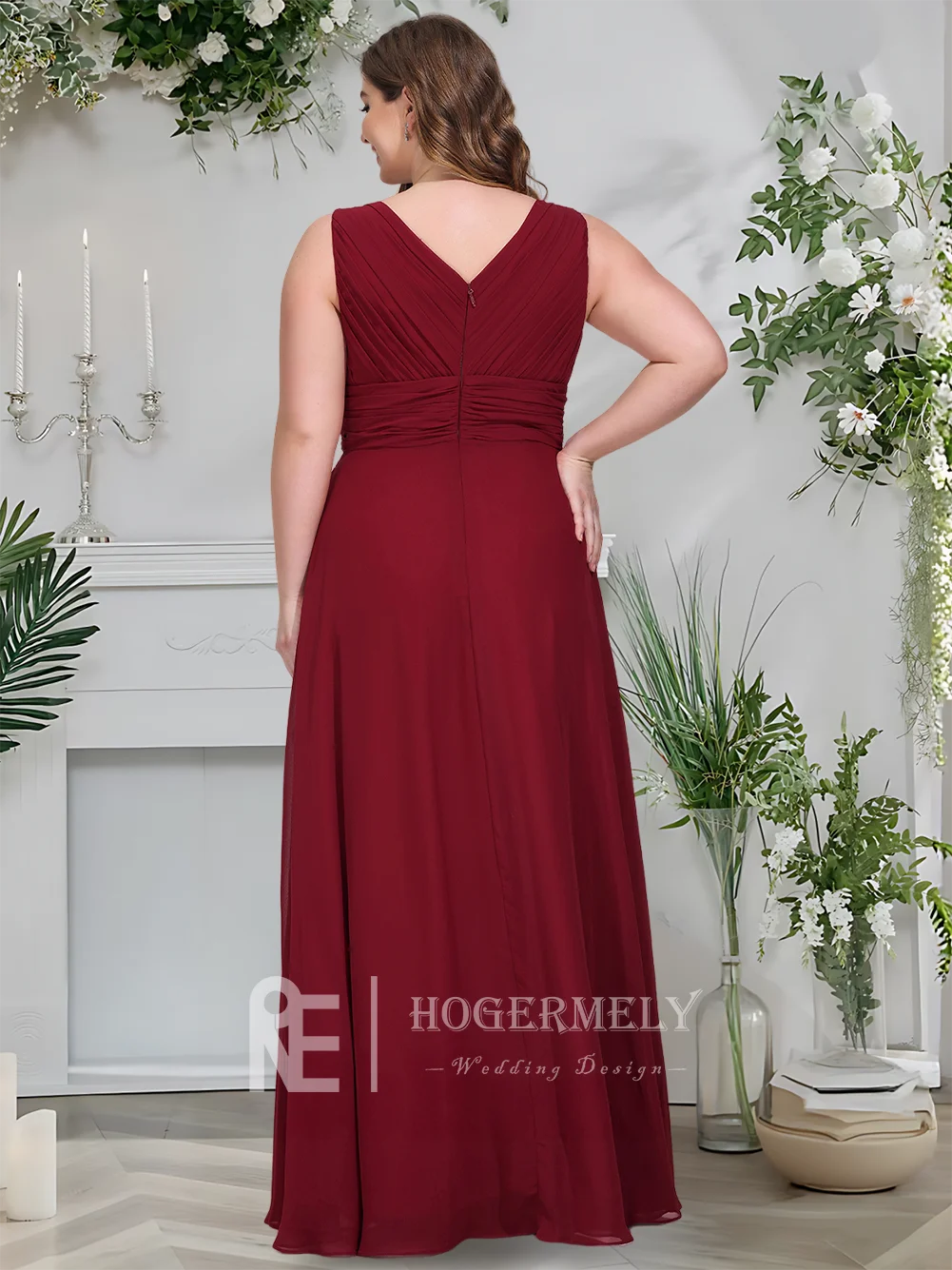 C. ​ ​ エレガントなバーガンディVネック、床丈のブライズメイドドレス、シフォンAライン、ラッフル付き、ウェディングパーティーゲストドレス2025 ​