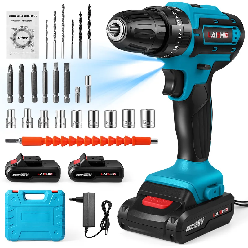 28V High Power Cordless Screwdriver,Rechargeable Electric Impact Drill,Lithium Battery,1350rpm Speed,Multi-Functional Tools