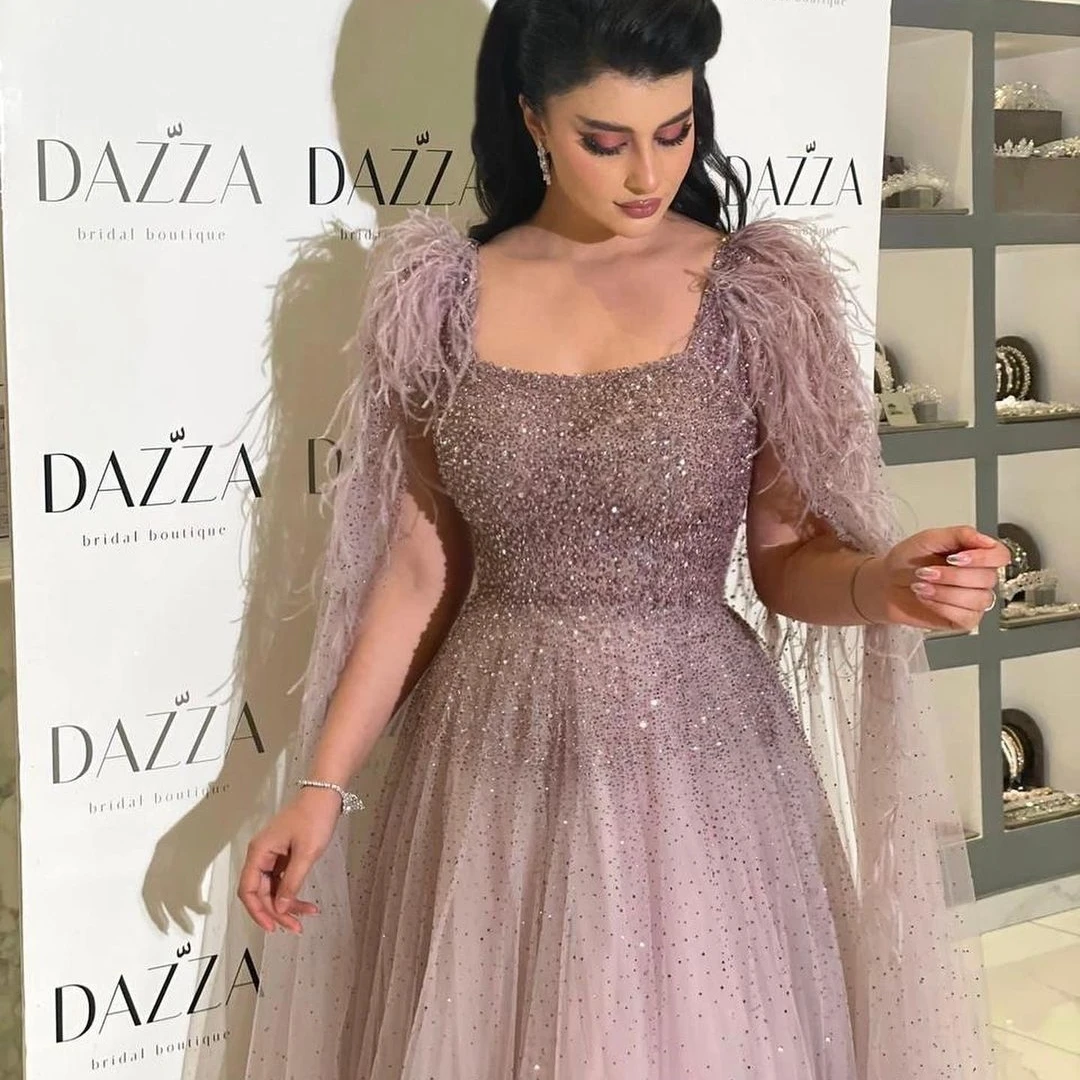 Fairytale Square Collar Prom Dresses Full Sleeves Floor-Length Wedding Party Feather A-Line Stain Grace Women Zipper Up 2023