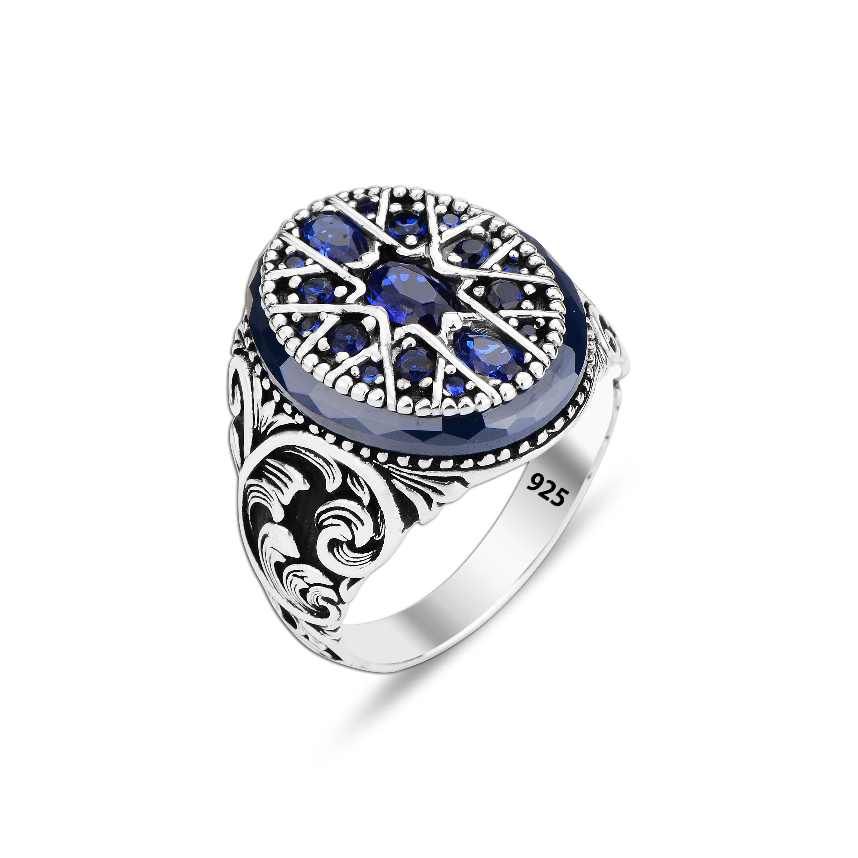 

Mens 925k Sterling Silver Blue Gemstone Ring, Sapphire Stone Men Ring, Cz Zircon Ring, Vintage Jewelry