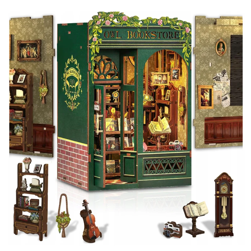 1-teiliges Buchecken-Set, DIY 3D-Holzpuzzle-Bücherstütze, Miniatur-Buchständer, Puppenhaus-Modellbau, ideales Geschenk für Familie und Freunde