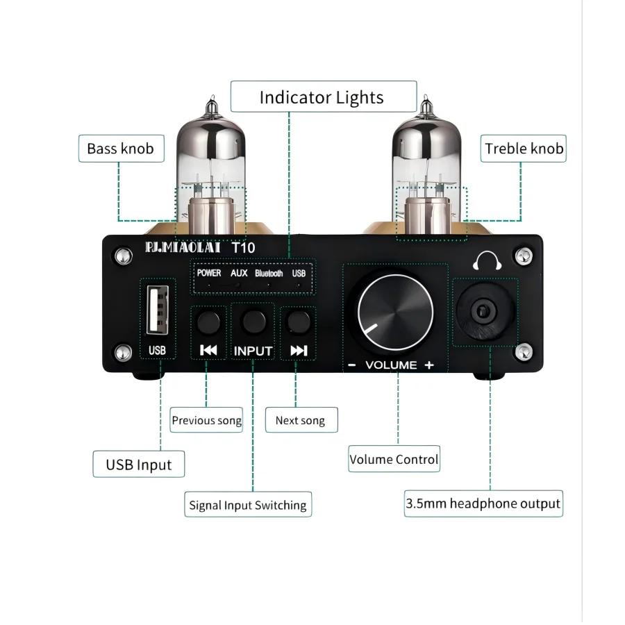 Amplificador Bluetooth de tubo 6H3N, amplificador de potencia de 2 canales 50W + 50W, amplificadores digitales de Audio para el hogar para altavoz, amplificador de auriculares