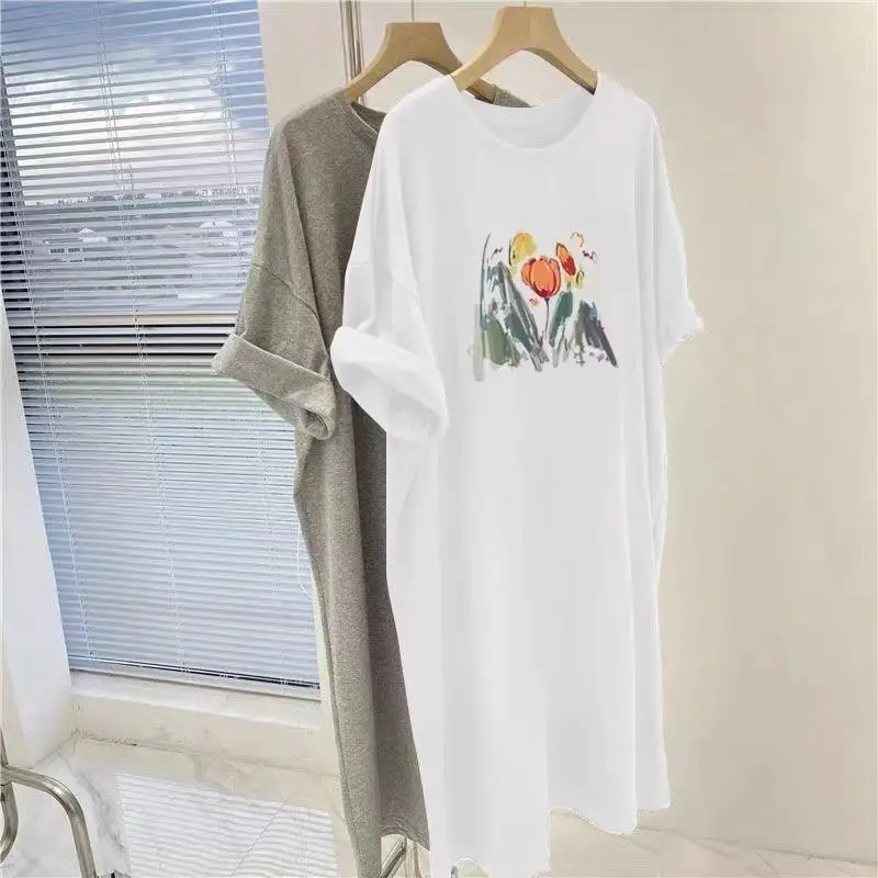 Oversized Summer Dress Women Short Sleeve O Neck Tulip Floral Printed Long T Shirt Loose Casual Vestidos Robes Homewear Dresses