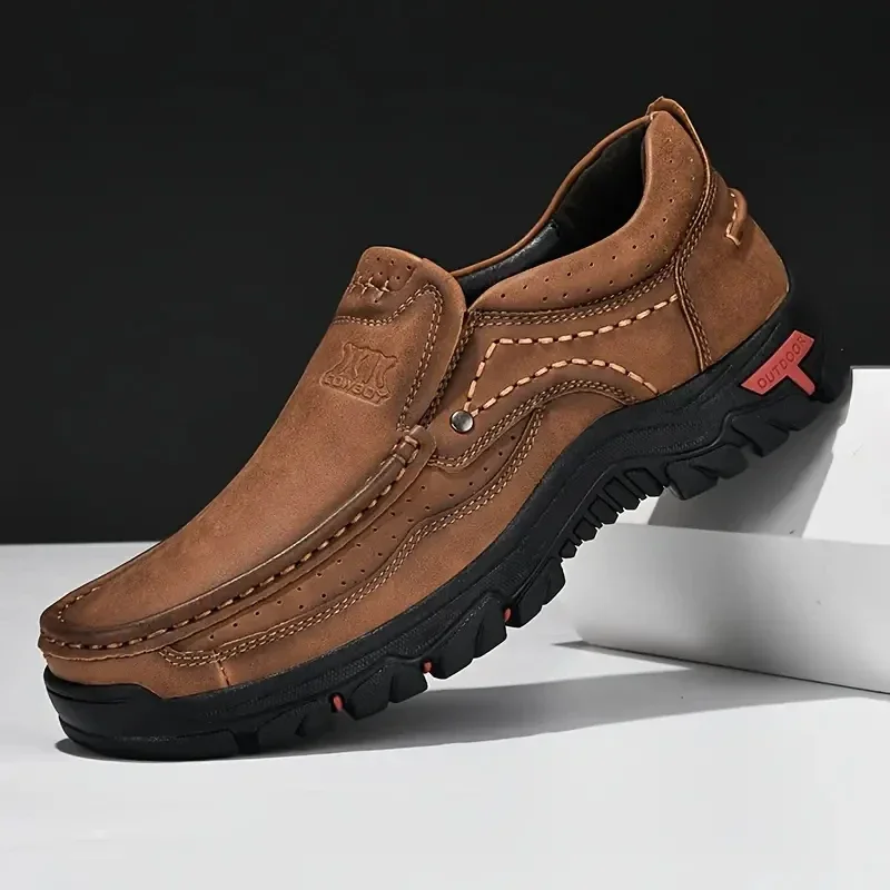 Ręcznie robione skórzane męskie buty Casual Outdoor wsuwane mokasyny męskie skórzane buty mieszkania mokasyny buty do chodzenia antypoślizgowe Dropshipping — zdjęcie 2