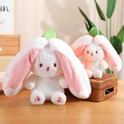 Anime Bunny Stuffed Animal, Boneca de pelúcia reversível cenoura morango coelho com zíper, Brinquedos macios fofos, Decoração de travesseiro