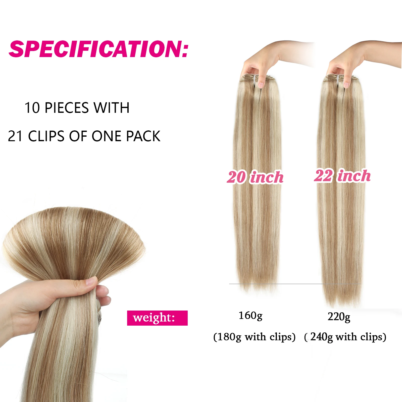 Sixstarhair 10 pçs clipe ins cabelo natural 100 extensões de cabelo humano 160g e 220 g/pacote 20/22 Polegada clipe na extensão do cabelo para mulher