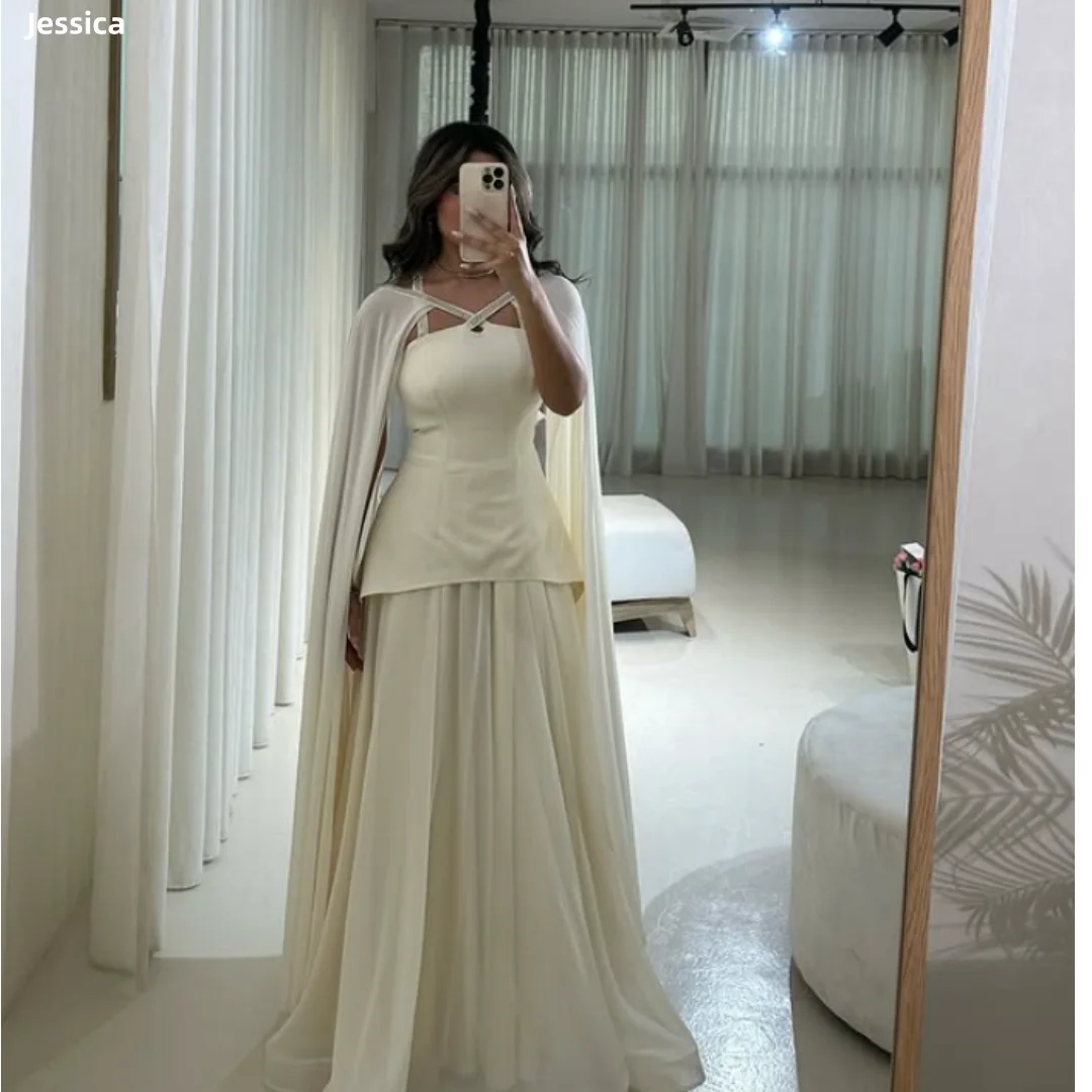 

Jessica Formal Occasions Evening Dresses White Chiffon Cape Prom Dresses Women's Party Dresses Vestidos De Gala Customized