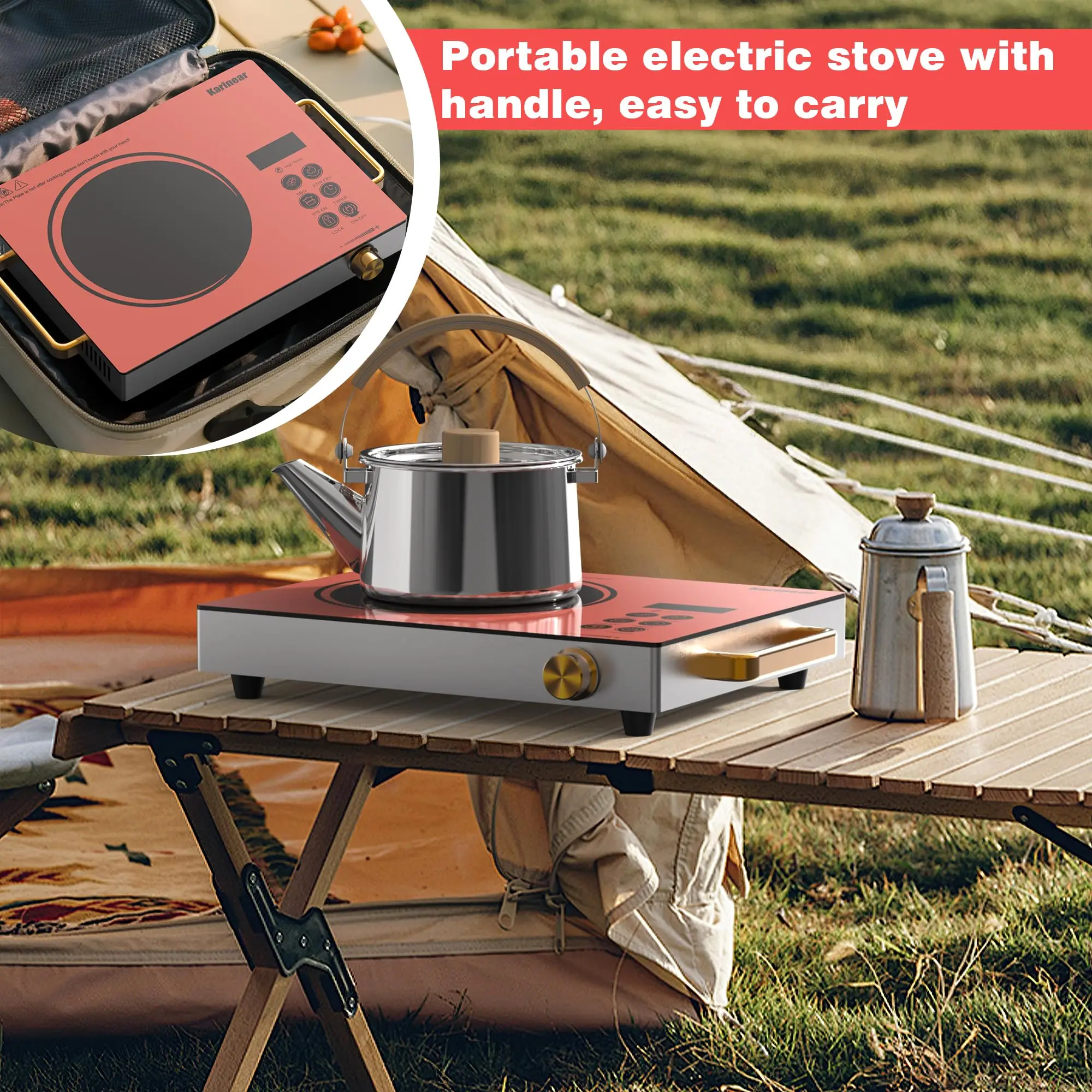 Karinear Portable Electric Stove 110V, 1800W Electric Hot Plate with Handle, Knob Control Single Burner Electri Cooktop, Ceramic Infrared Countertop Burner, Timer, Safety Lock(Pink) view 5