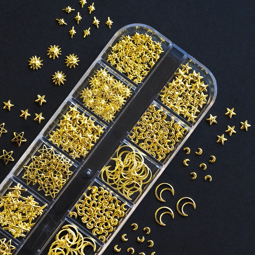 1000Pcs Gold Star Moon Glitter Nail Charms Metal Tips Slice Rivet DIY 3D FlatBack Nail Art Decorations Nails Jewelry Accessories — zdjęcie 2