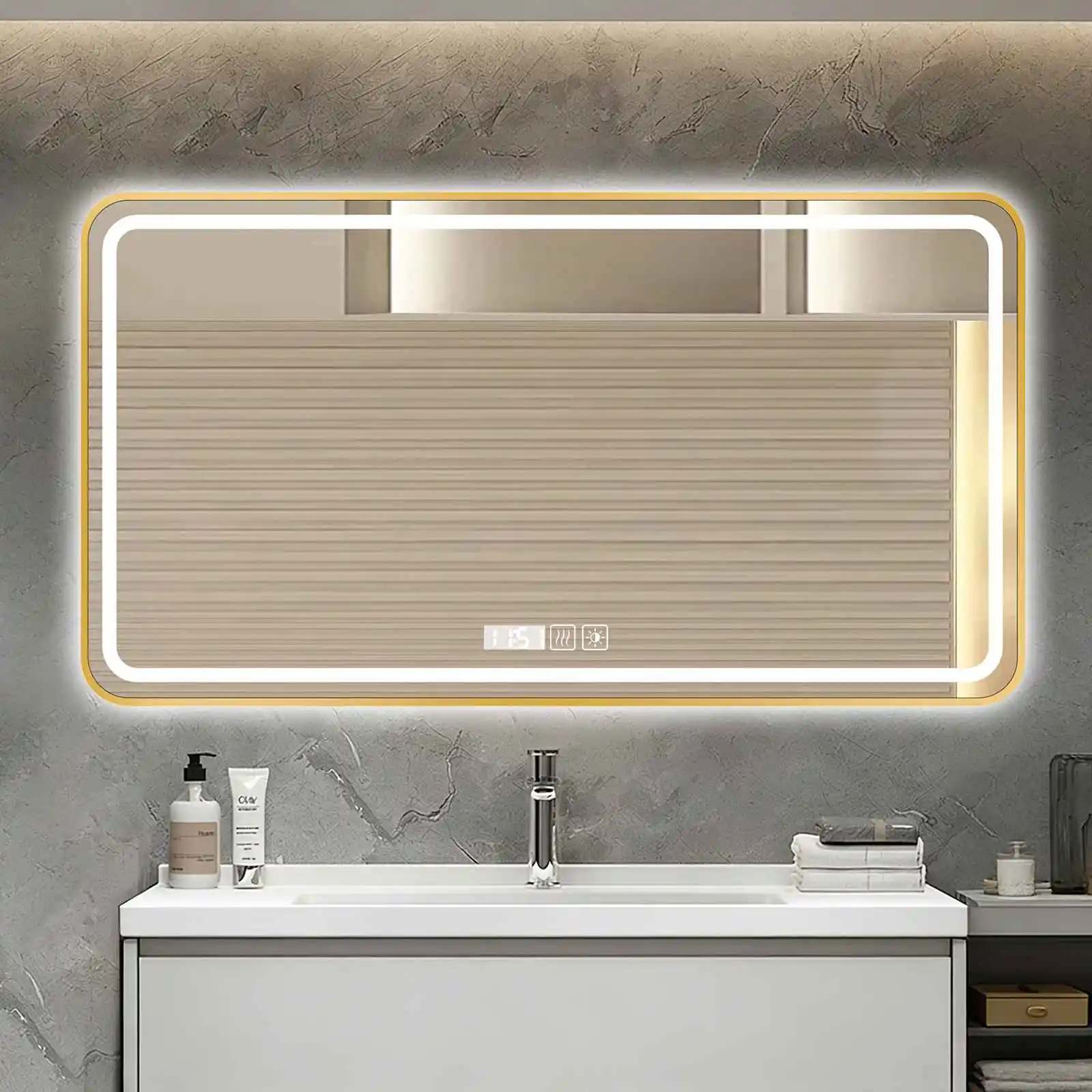 Intelligenter LED-Badezimmerspiegel, dreifarbig dimmbar, mit Antibeschlagfunktion, mit Uhr, zur Wandmontage, 40 x 60 cm