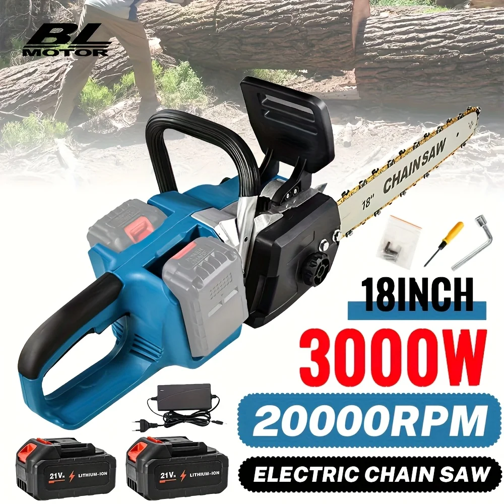 3000W Bürstenlose 18-Zoll-Elektrokettensäge Kabellose Akku-Astschere für Holzarbeiten Handgehaltenes Gartenwerkzeug für Makita-Akkus