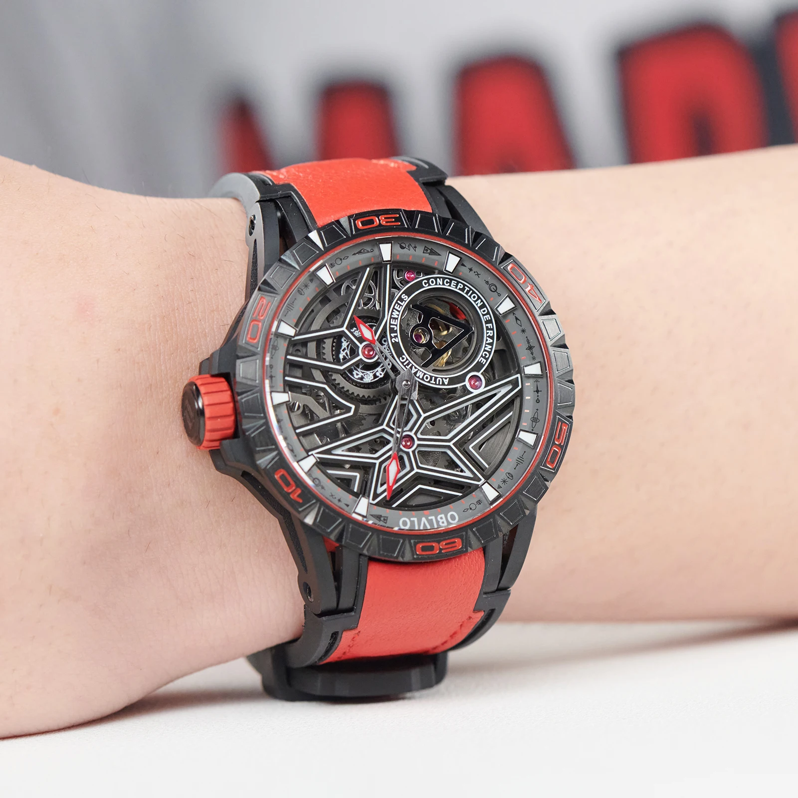 OBLVLO New Designer Skeleton Military Mechanical Watches For Men Black PVD Automatic Self-Wind Watches Rubber Luminous Watch LMQ