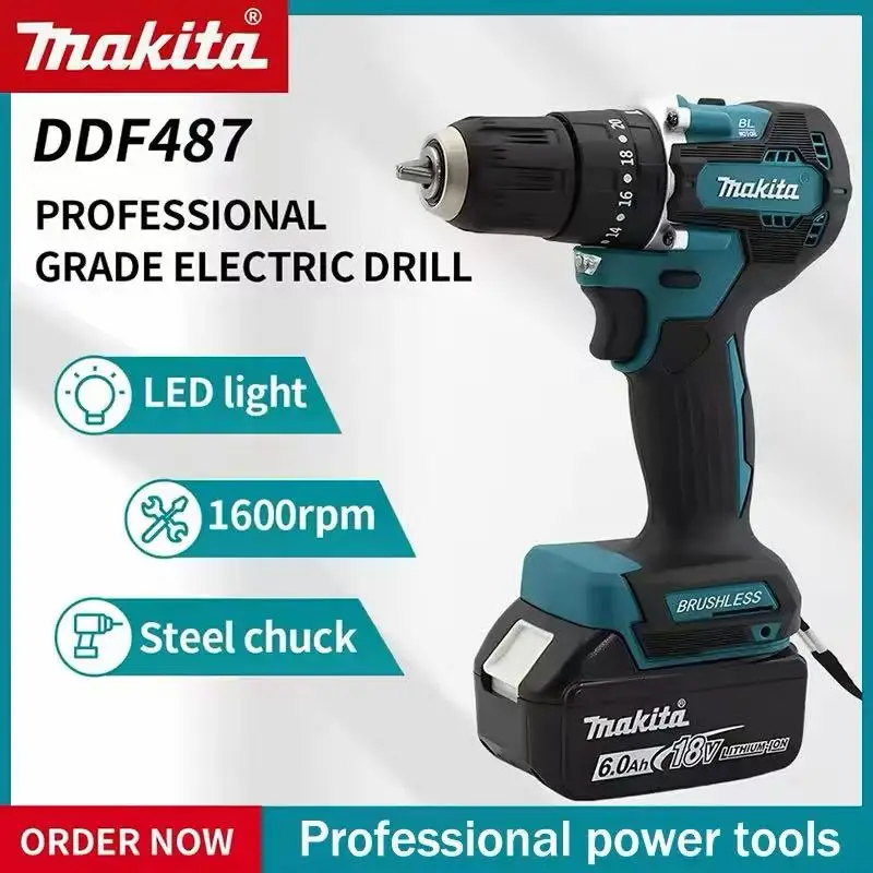 Makita Original. Taladro Atornillador Inalámbrico Ddf487, Destornillador Eléctrico de Impacto sin Escobillas, Herramienta Eléctrica